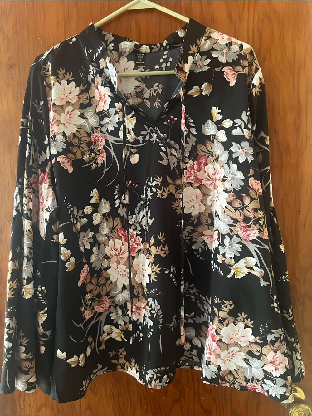 SHEIN Black Floral Tie-Neck Blouse with Pink and Cream Blooms